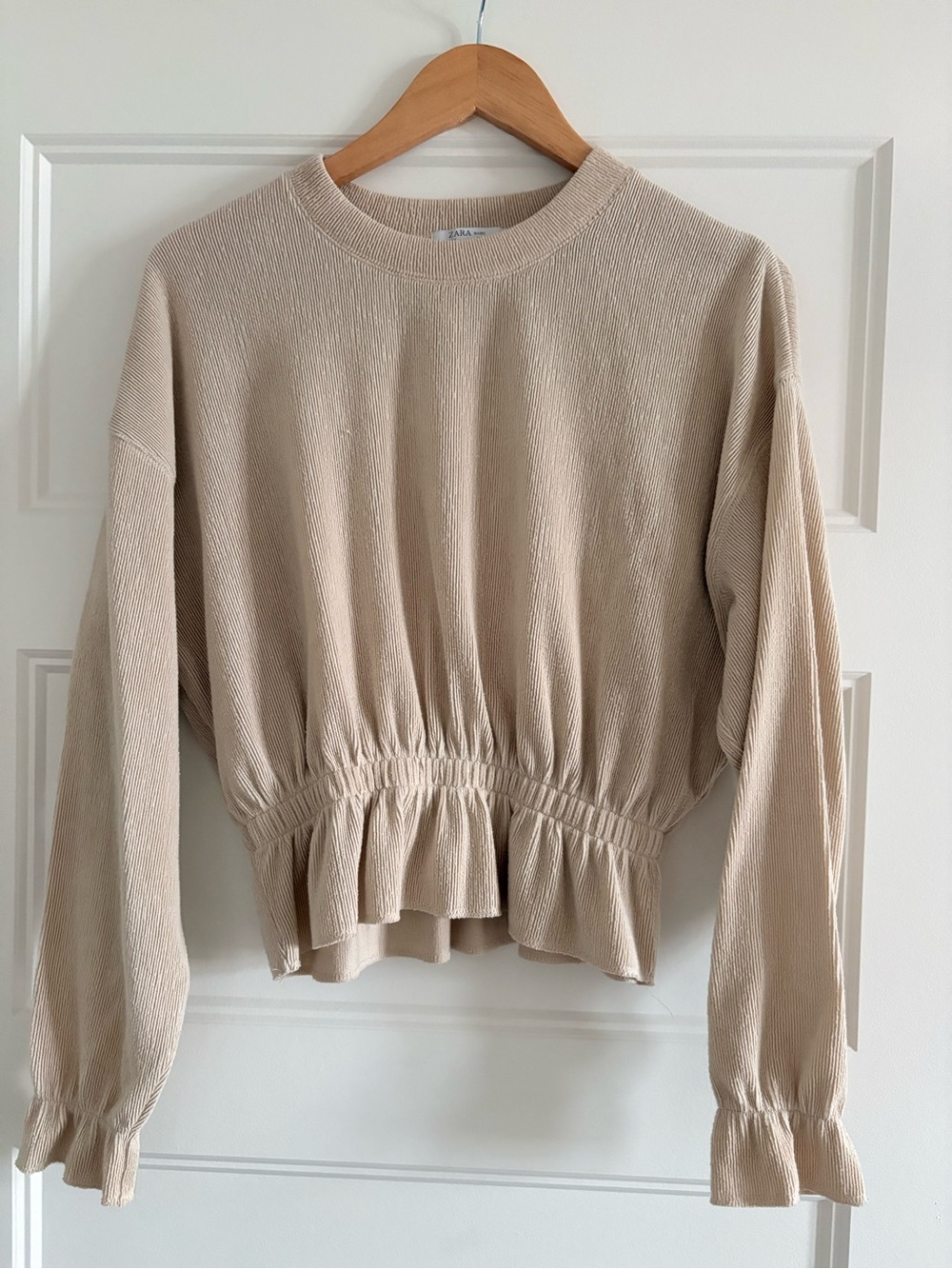 Zara Beige Ruffled Hem Long Sleeve Sweatshirt